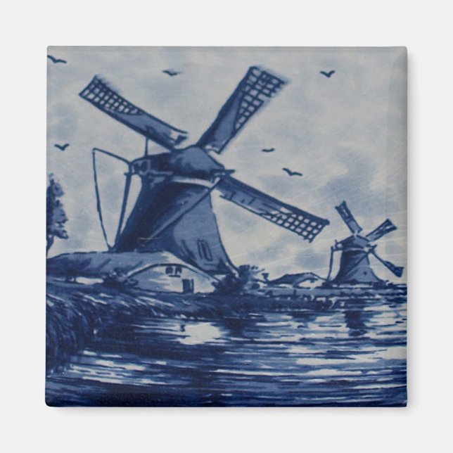 Antique Delft Blue Tile - Windmills av Vatten B Magnet (Framsidan)