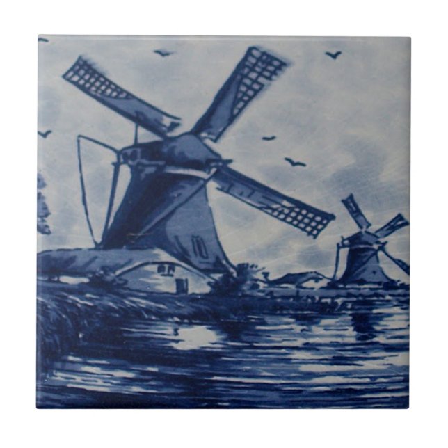 Antique Delft Blue Tile - Windmills av Vatten Kakelplatta (Framsidan)