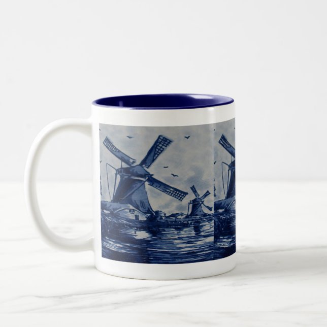 Antique Delft Blue Tile - Windmills av Vatten Två-Tonad Mugg (Vänster)
