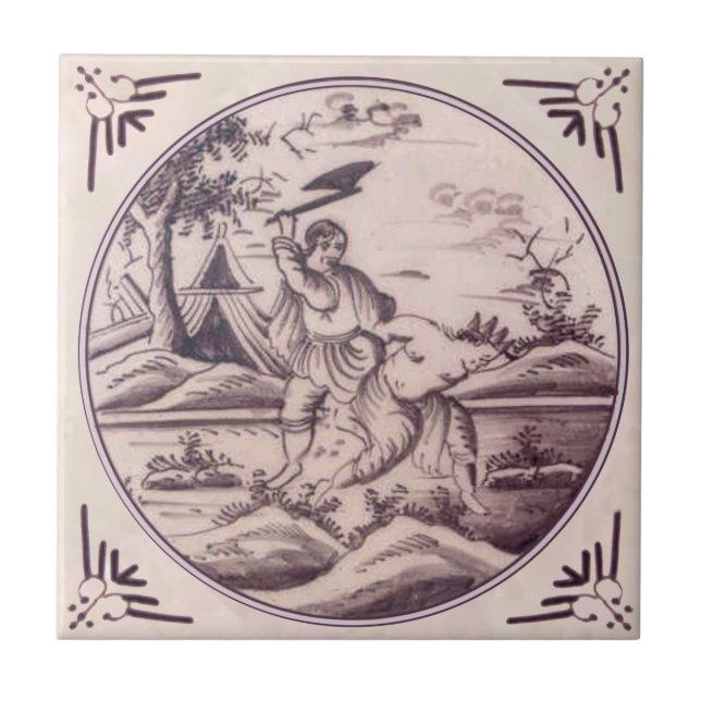Antique Delft Manganese Bibelcain Abel Repro Kakelplatta (Framsidan)