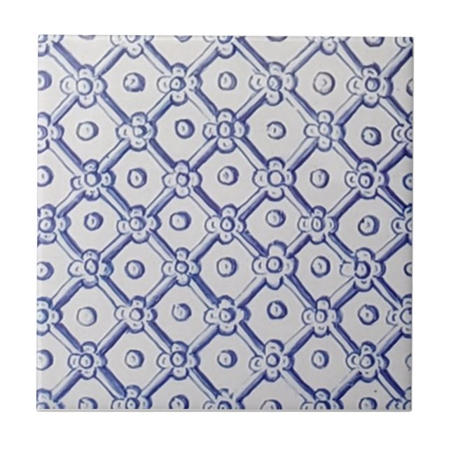 Antique Delft Tile- Blue och White Trellis Kakelplatta (Framsidan)