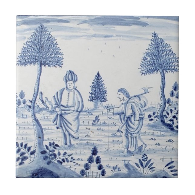 Antique Delft Tile-Pastoral Scene-Blue & White-13 Kakelplatta (Framsidan)