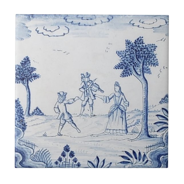 Antique Delft Tile-Pastoral Scene-Blue & White-14 Kakelplatta (Framsidan)