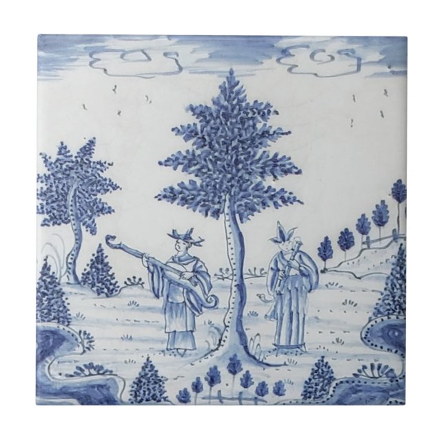 Antique Delft Tile-Pastoral Scene-Blue & White-15 Kakelplatta (Framsidan)