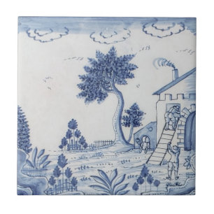 Antique Delft Tile-Pastoral Scene-Blue & White-17 Kakelplatta