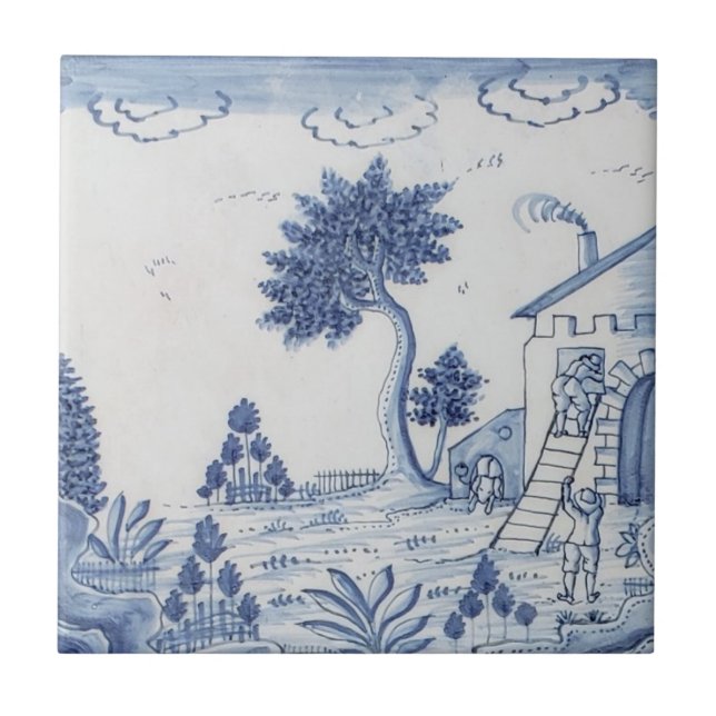 Antique Delft Tile-Pastoral Scene-Blue & White-17 Kakelplatta (Framsidan)