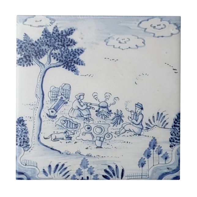Antique Delft Tile-Pastoral Scene-Blue & White-19 Kakelplatta (Framsidan)
