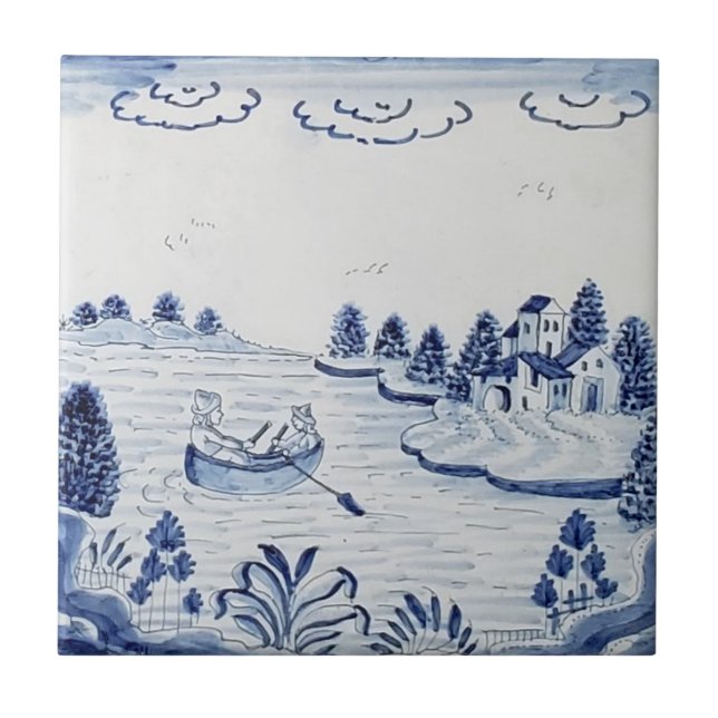 Antique Delft Tile-Pastoral Scene-Blue & White-20 Kakelplatta (Framsidan)