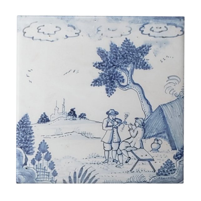 Antique Delft Tile-Pastoral Scene-Blue & White-21 Kakelplatta (Framsidan)