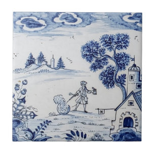 Antique Delft Tile-Pastoral Scene-Blue & White-2 Kakelplatta
