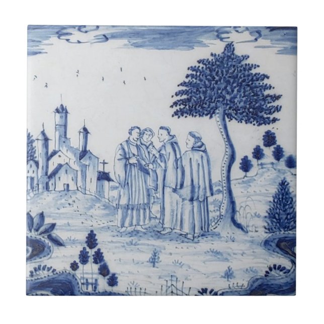 Antique Delft Tile-Pastoral Scene-Blue & White-3 Kakelplatta (Framsidan)