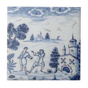 Antique Delft Tile-Pastoral Scene-Blue & White-4 Kakelplatta