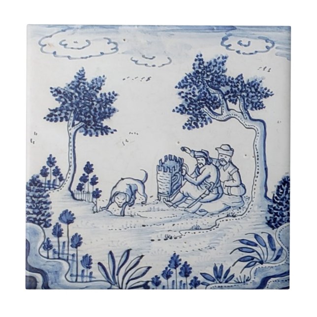 Antique Delft Tile-Pastoral Scene-Blue & White-6 Kakelplatta (Framsidan)