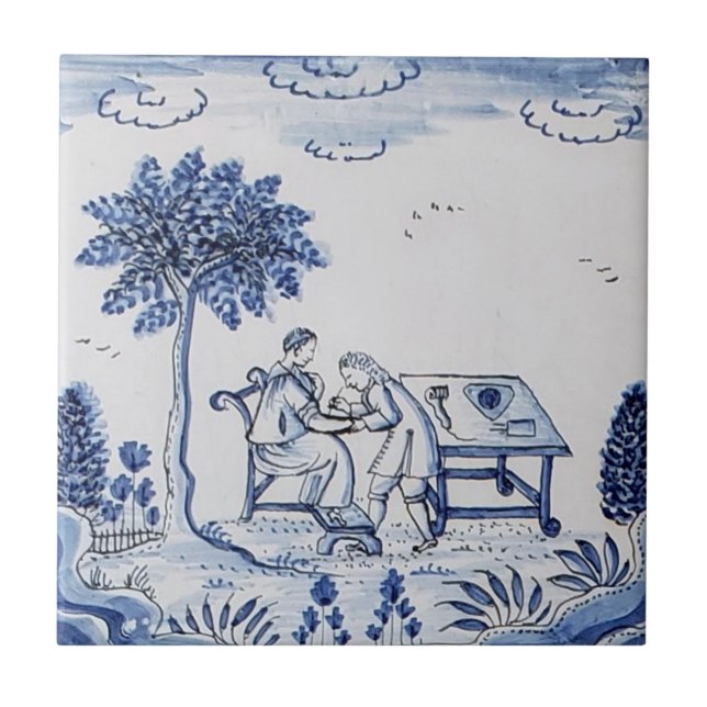 Antique Delft Tile-Pastoral Scene-Blue & White-9 Kakelplatta (Framsidan)