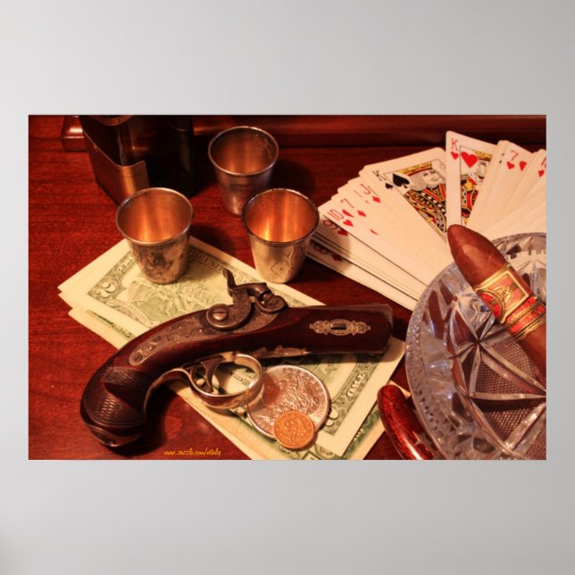 Antique derringer-pistol i uppställning av spel poster (Framsidan)