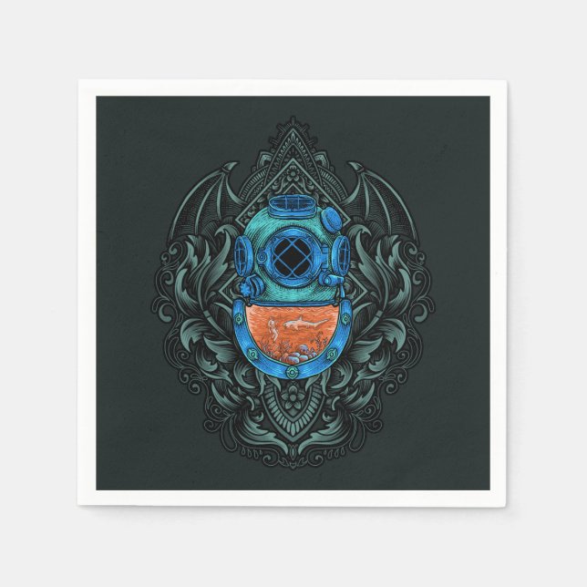 Antique Diving Helmet Emblem med Shark Pappersservett (Framsidan)