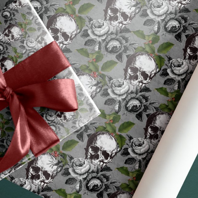 ANTIQUE DÖSKALLARS BLACK GRÅTT RO PRESENTPAPPER (SKULL DEATH BLACK ROSES FLOWERS CHRISTMAS HOLLY LEAVES GOTHIC)