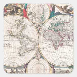Antique Dubbla-Hemisphere World Map Fyrkantigt Klistermärke