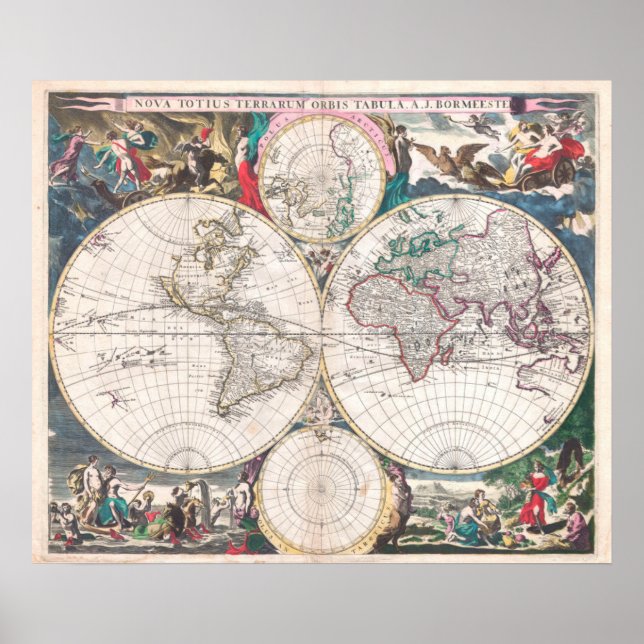 Antique Dubbla-Hemisphere World Map Poster (Framsidan)