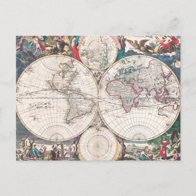 Antique Dubbla-Hemisphere World Map Vykort (Framsida)