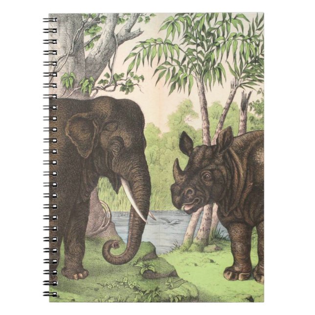 Antique Elephant Rhino in Jungle Print Anteckningsbok (Framsidan)