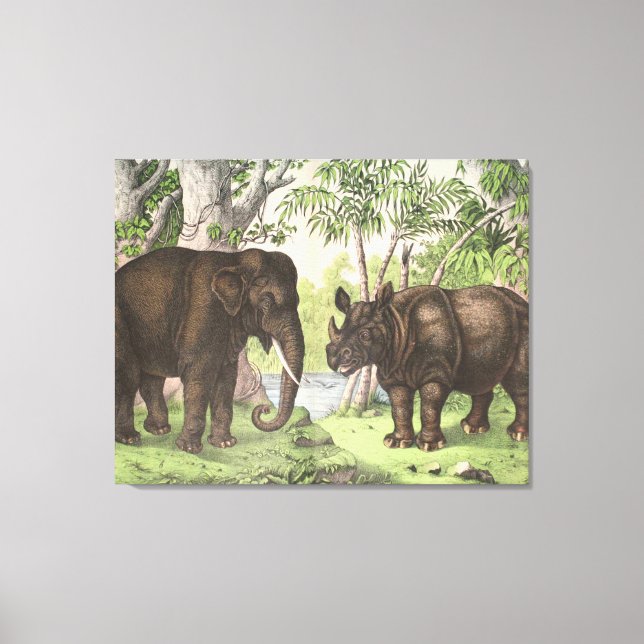 Antique Elephant Rhino in Jungle Print Canvastryck (Framsida)