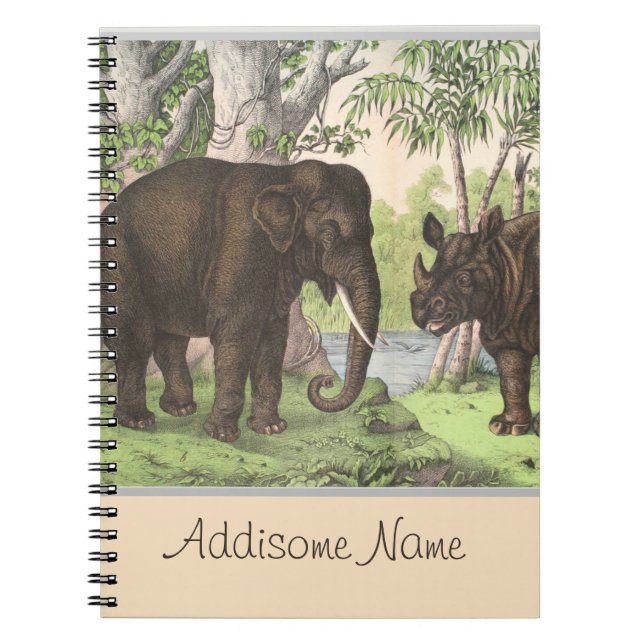 Antique Elephant Rhino in Jungle Print Notebook Anteckningsbok (Framsidan)