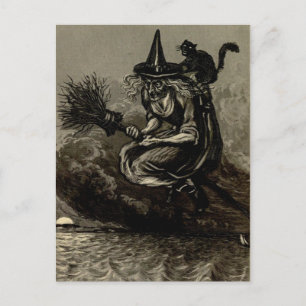 Antique Engrave Witch på Broom Vykort