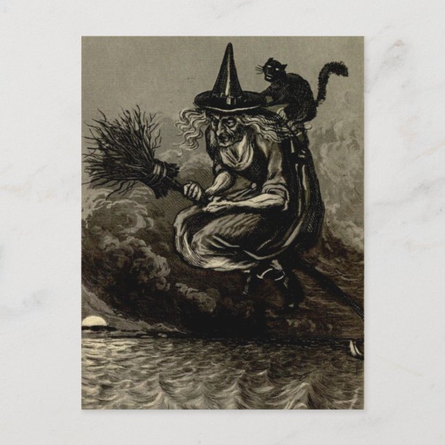 Antique Engrave Witch på Broom Vykort (Framsida)