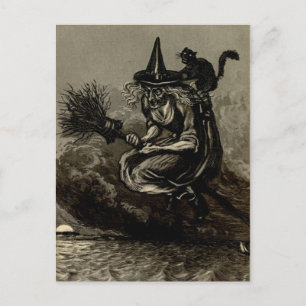 Antique Engrave Witch på Broom Vykort