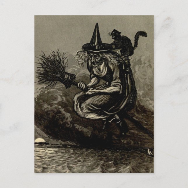 Antique Engrave Witch på Broom Vykort (Framsida)
