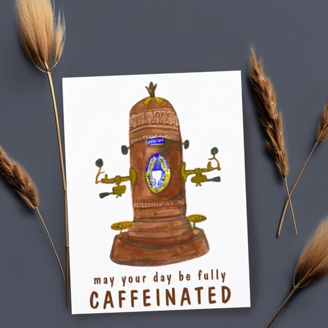 Antique Espresso Maskin Coffee CUSTOMIZE IT FUNNY Vykort (Cute funny postcard with vintage espresso machine watercolor. Customize with your own text. )
