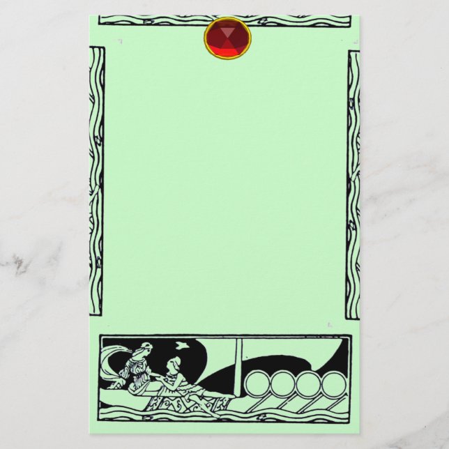 ANTIQUE FARTYG OCH ÄLSKARE Red Ruby Gem Black Grön Brevpapper (Framsida)