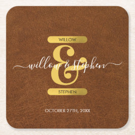 Antique Faux Leather & Guld Monogram Bröllop Underlägg Papper Kvadrat