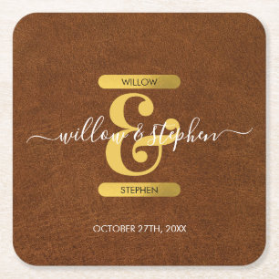 Antique Faux Leather & Guld Monogram Bröllop Underlägg Papper Kvadrat