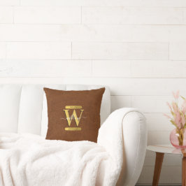 Antique Faux Leather & Guld Monogram Kudde