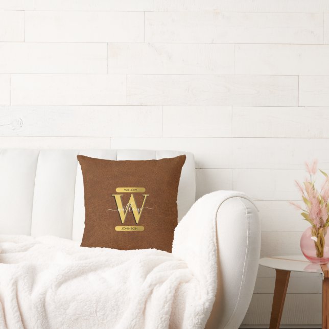 Antique Faux Leather & Guld Monogram Kudde (Soffa)