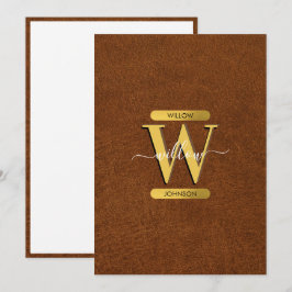 Antique Faux Leather & Guld Monogram Note Card Tack Kort