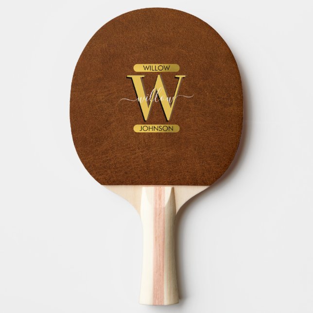 Antique Faux Leather & Guld Monogram Pingisracket (Framsidan)