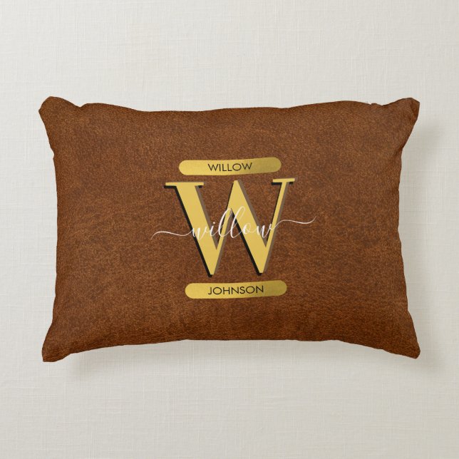 Antique Faux Leather & Guld Monogram Prydnadskudde (Framsidan)