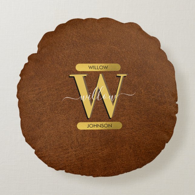 Antique Faux Leather & Guld Monogram Rund Kudde (Framsidan)