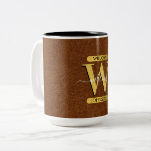 Antique Faux Leather & Guld Monogram  Två-Tonad Mugg