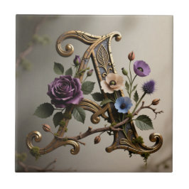 Antique Floral Gold Letter A Monogram Kakelplatta