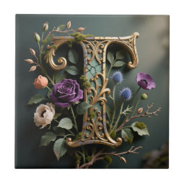Antique Floral Gold Letter T Monogram Kakelplatta