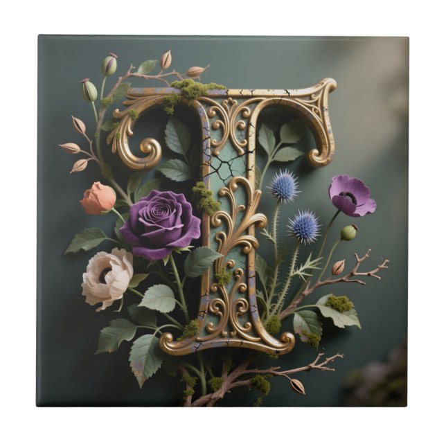 Antique Floral Gold Letter T Monogram Kakelplatta (Framsidan)