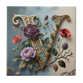 Antique Floral Gold Letter V Monogram Kakelplatta