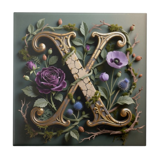 Antique Floral Gold Letter X Monogram Kakelplatta (Framsidan)