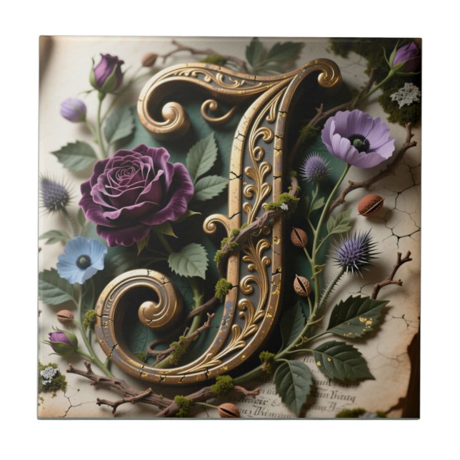 Antique Floral Gold Patina Letter J Kakelplatta (Framsidan)