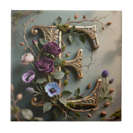 Antique Floral Gold Teal Letter E Kakelplatta