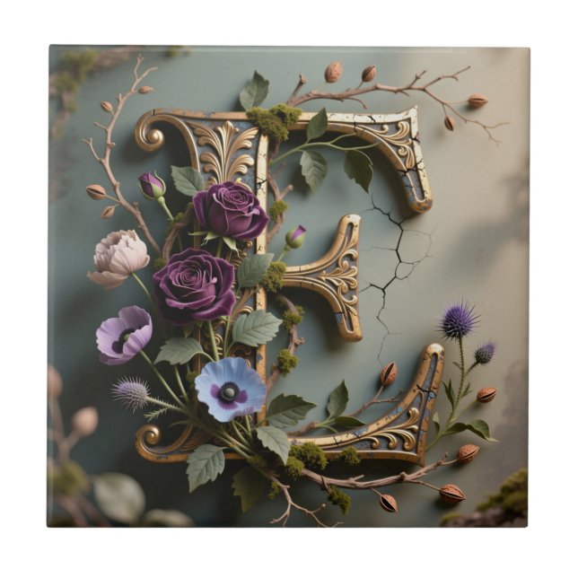 Antique Floral Gold Teal Letter E Kakelplatta (Framsidan)